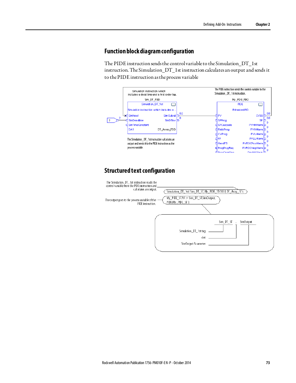 Function block diagram configuration, Structured text configuration | Rockwell Automation Logix5000 Controllers Add-on Instructions Programming Manual User Manual | Page 73 / 104