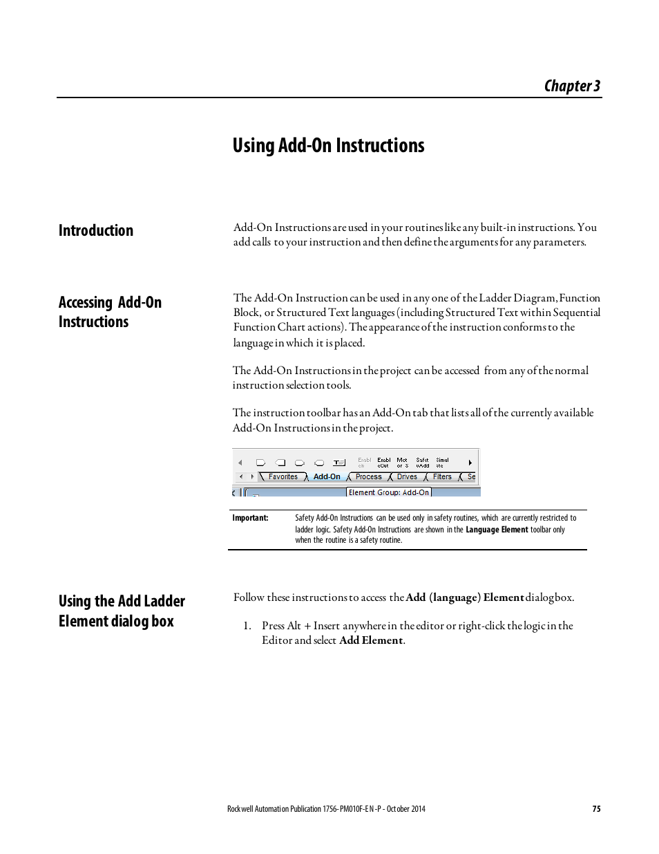 Using add-on instructions, Introduction, Accessing add-on instructions | Using the add ladder element dialog box, Chapter 3 | Rockwell Automation Logix5000 Controllers Add-on Instructions Programming Manual User Manual | Page 75 / 104