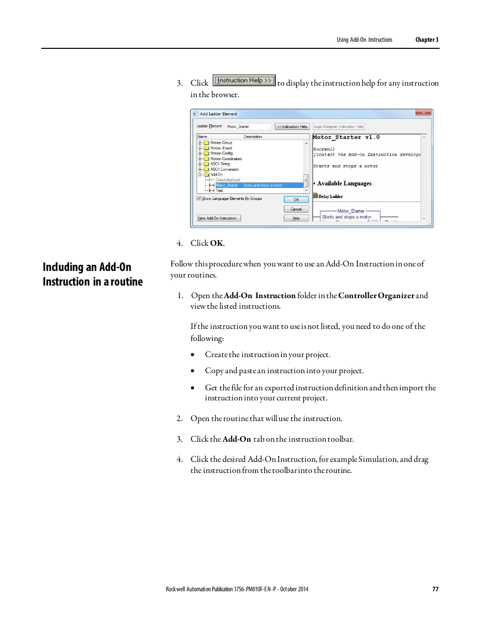 Including an add-on instruction in a routine | Rockwell Automation Logix5000 Controllers Add-on Instructions Programming Manual User Manual | Page 77 / 104