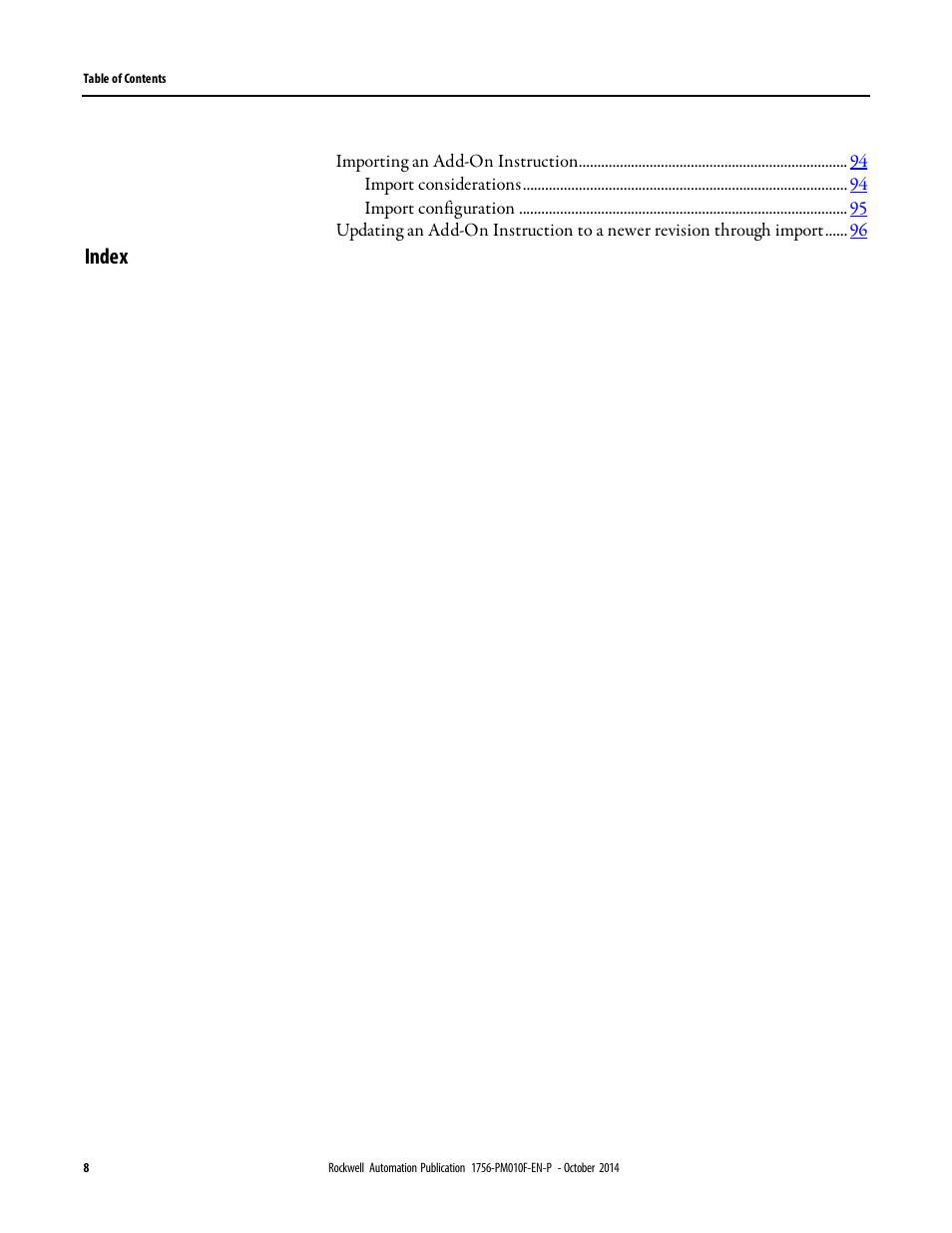 Index | Rockwell Automation Logix5000 Controllers Add-on Instructions Programming Manual User Manual | Page 8 / 104