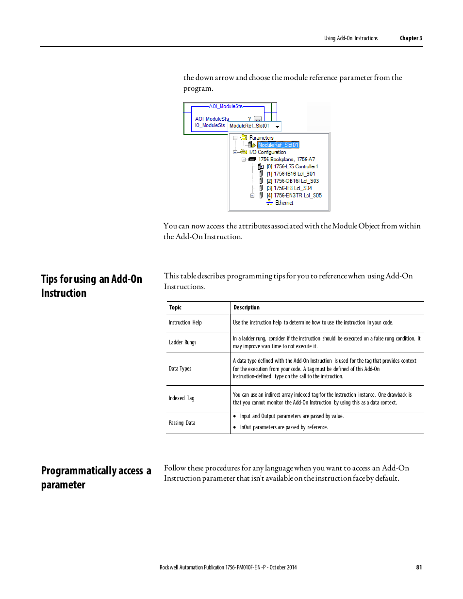 Tips for using an add-on instruction, Programmatically access a parameter | Rockwell Automation Logix5000 Controllers Add-on Instructions Programming Manual User Manual | Page 81 / 104