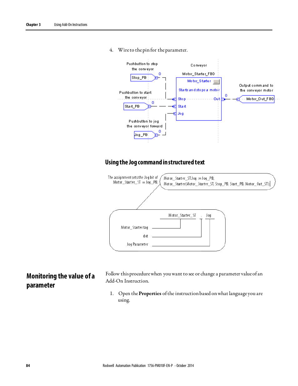 Monitoring the value of a parameter, Using the jog command in structured text | Rockwell Automation Logix5000 Controllers Add-on Instructions Programming Manual User Manual | Page 84 / 104