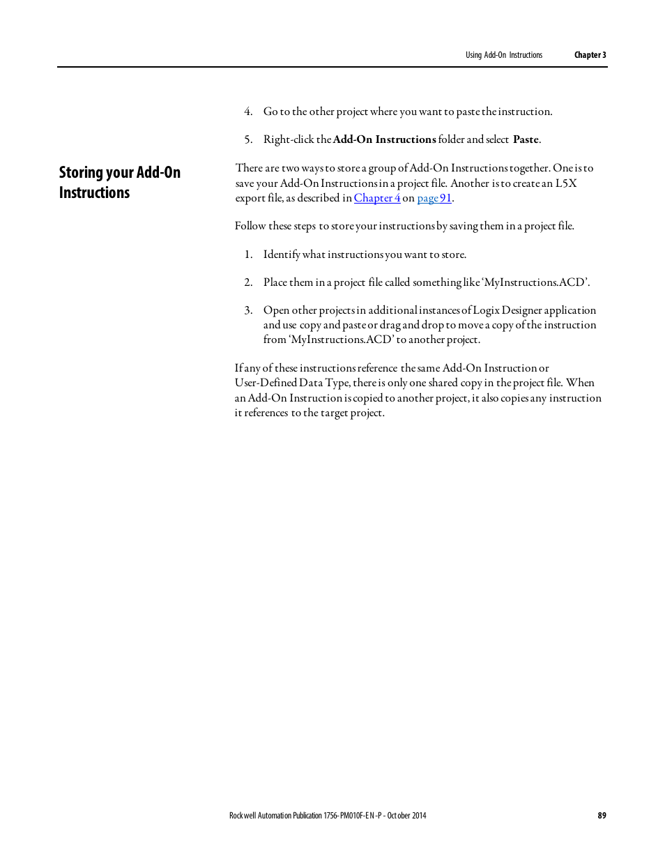 Storing your add-on instructions | Rockwell Automation Logix5000 Controllers Add-on Instructions Programming Manual User Manual | Page 89 / 104