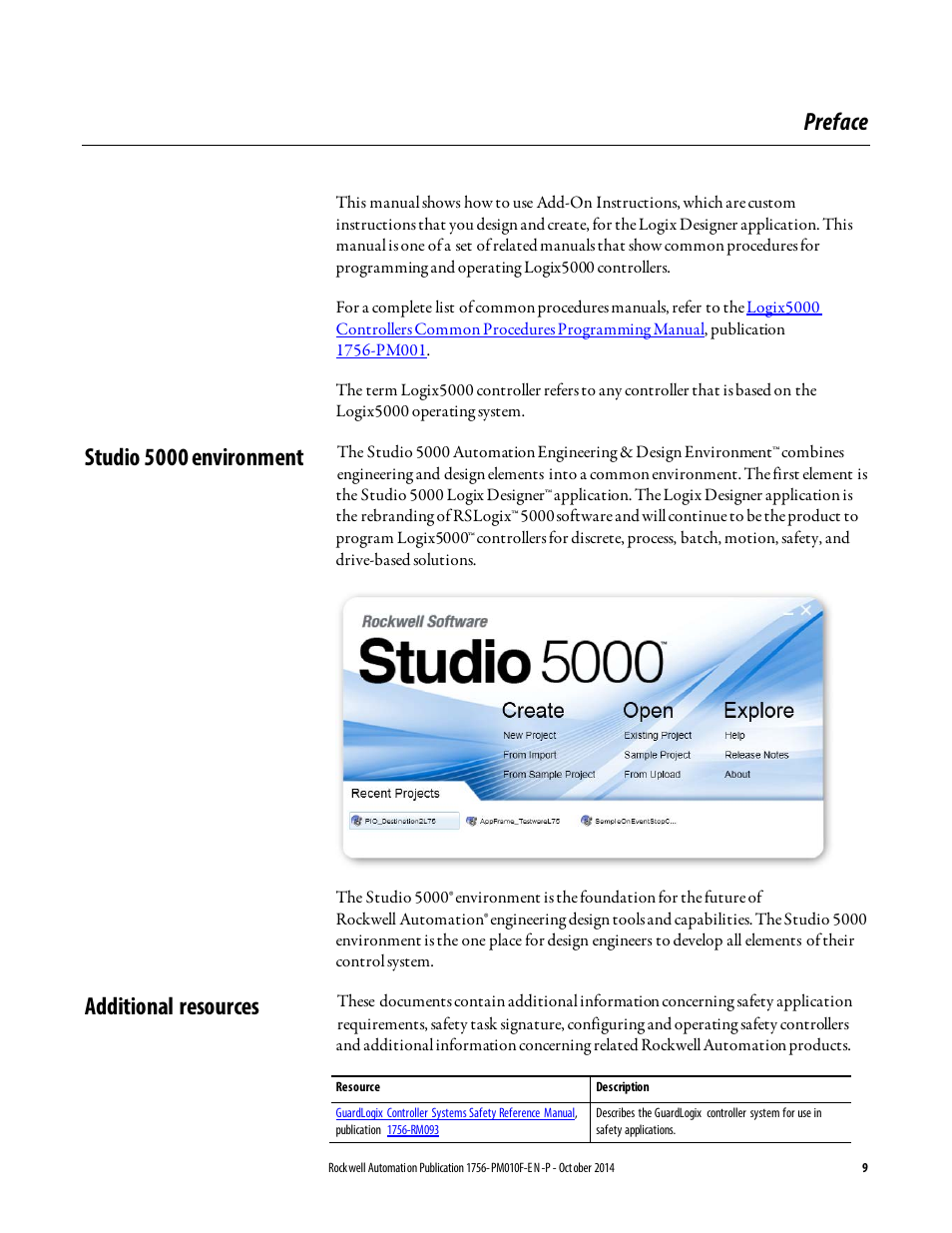 Preface, Studio 5000 environment, Additional resources | Studio 5000 environment additional resources | Rockwell Automation Logix5000 Controllers Add-on Instructions Programming Manual User Manual | Page 9 / 104