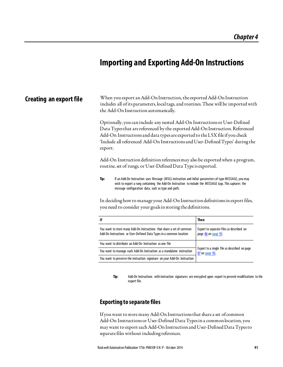 Importing and exporting add-on instructions, Creating an export file, Chapter 4 | Exporting to separate files, Importing and exporting, Add-on instructions | Rockwell Automation Logix5000 Controllers Add-on Instructions Programming Manual User Manual | Page 91 / 104