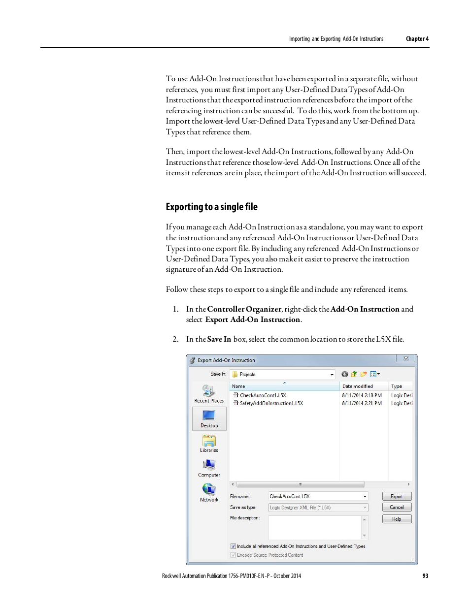 Exporting to a single file | Rockwell Automation Logix5000 Controllers Add-on Instructions Programming Manual User Manual | Page 93 / 104