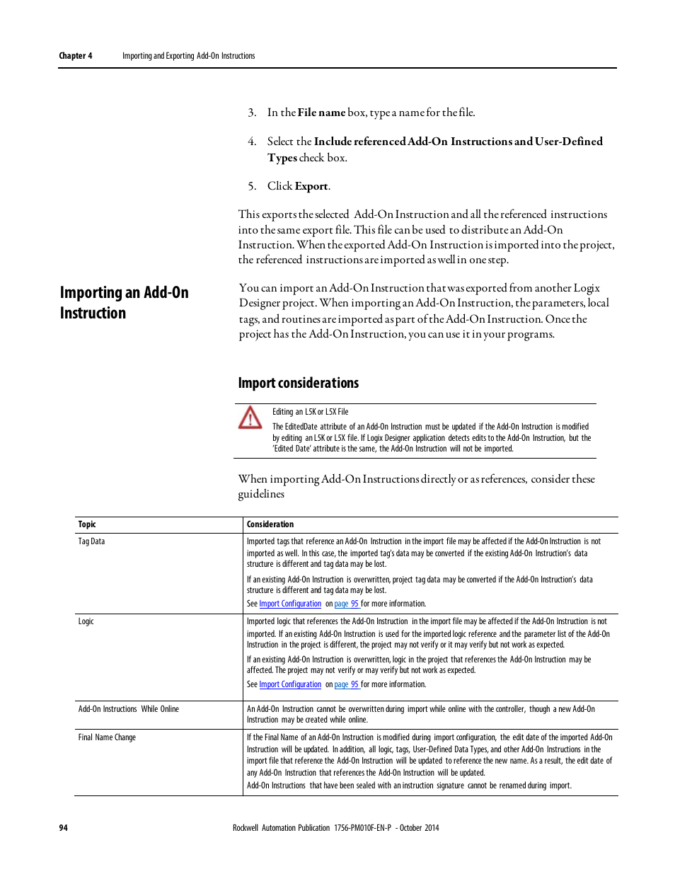 Importing an add-on instruction, Import considerations | Rockwell Automation Logix5000 Controllers Add-on Instructions Programming Manual User Manual | Page 94 / 104