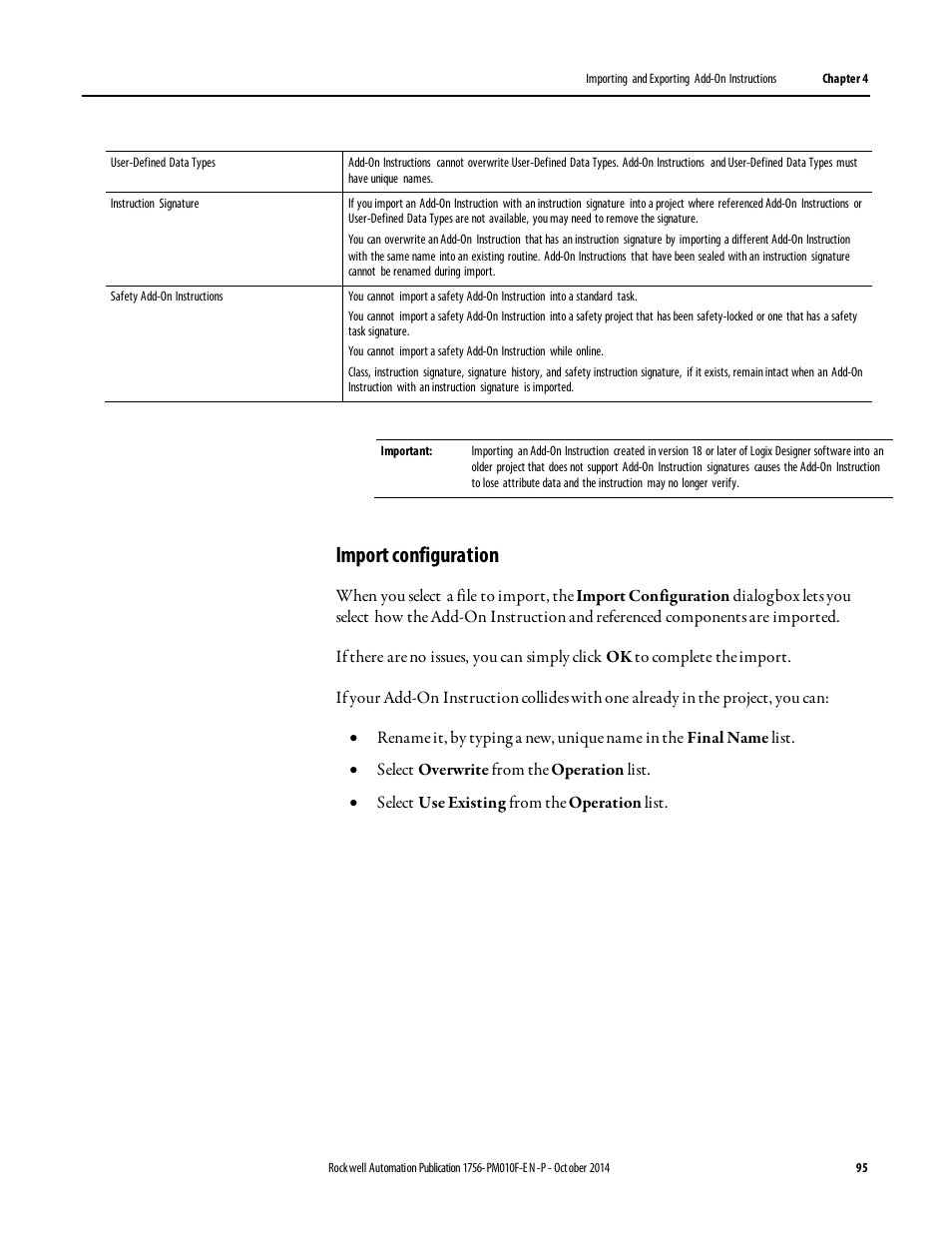 Import configuration | Rockwell Automation Logix5000 Controllers Add-on Instructions Programming Manual User Manual | Page 95 / 104