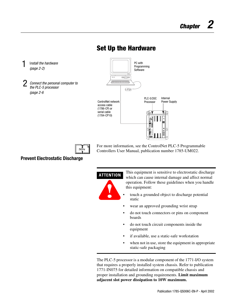 2 - set up the hardware, Prevent electrostatic discharge, Set up the hardware | Chapter | Rockwell Automation 1785-Lx0C15 ControlNet PLC-5 Programmable Controllers Quick Start User Manual | Page 15 / 36