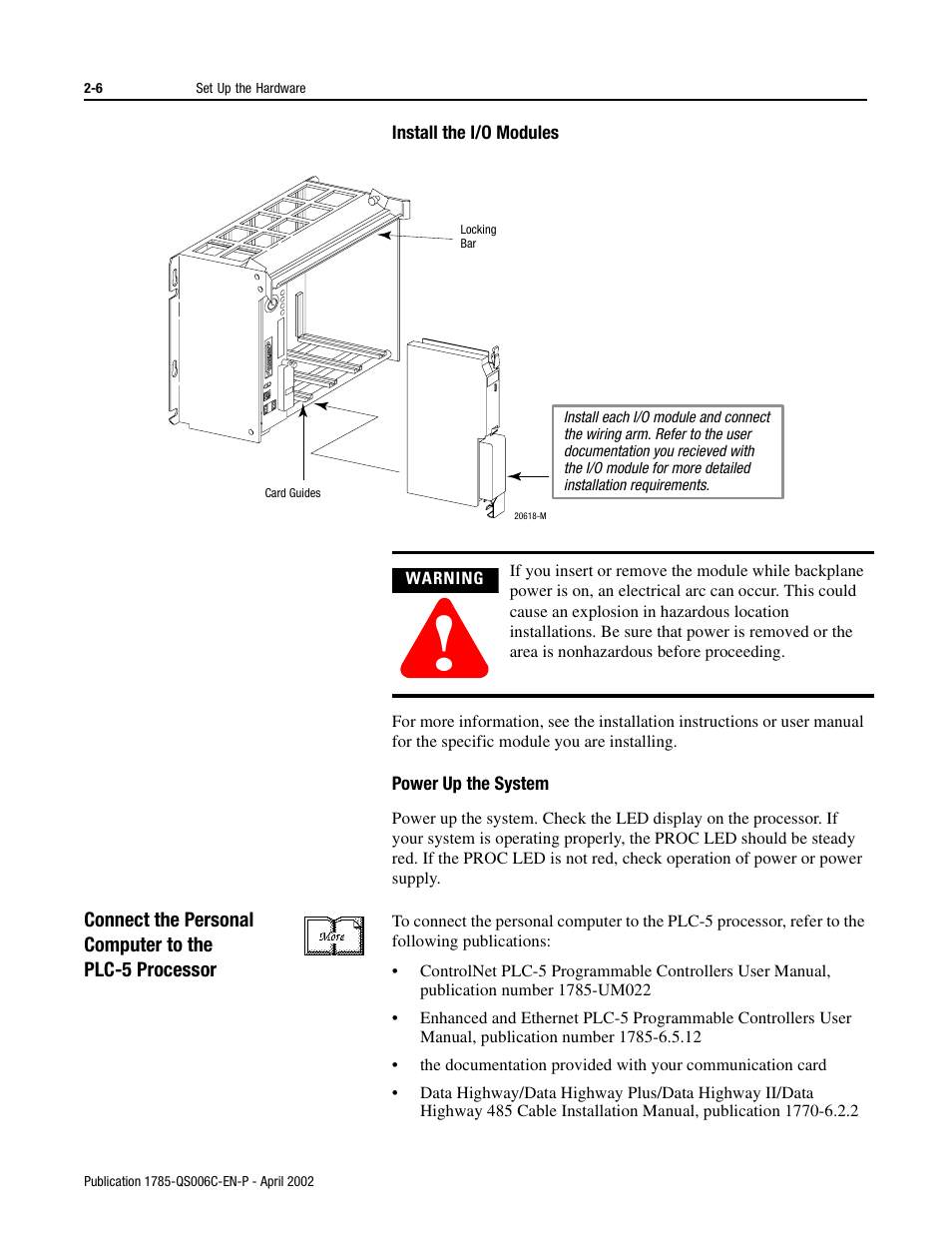 Install the i/o modules, Power up the system | Rockwell Automation 1785-Lx0C15 ControlNet PLC-5 Programmable Controllers Quick Start User Manual | Page 20 / 36