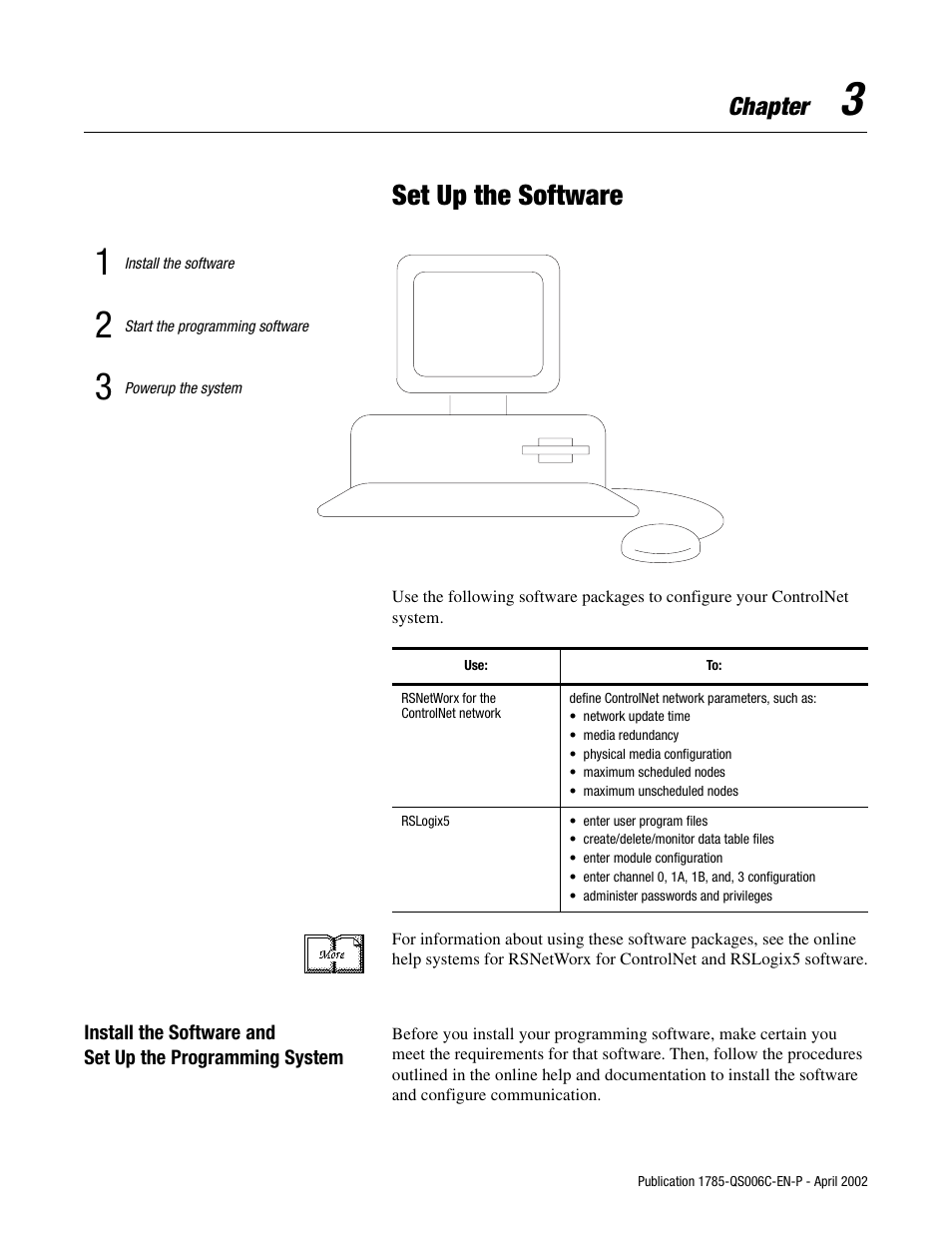 3 - set up the software, Set up the software, Chapter | Rockwell Automation 1785-Lx0C15 ControlNet PLC-5 Programmable Controllers Quick Start User Manual | Page 21 / 36