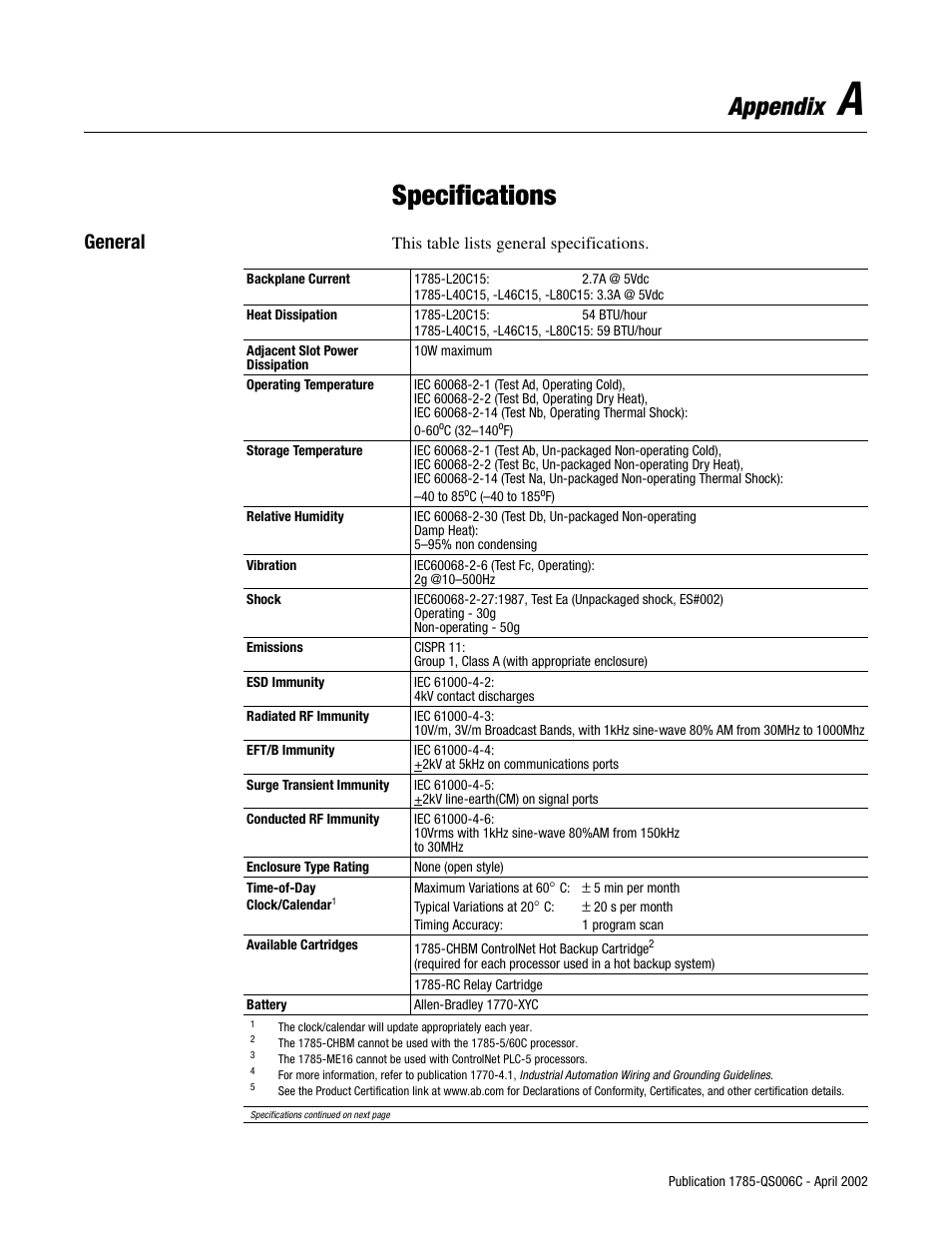 General, A - specifications, Specifications | Appendix | Rockwell Automation 1785-Lx0C15 ControlNet PLC-5 Programmable Controllers Quick Start User Manual | Page 29 / 36
