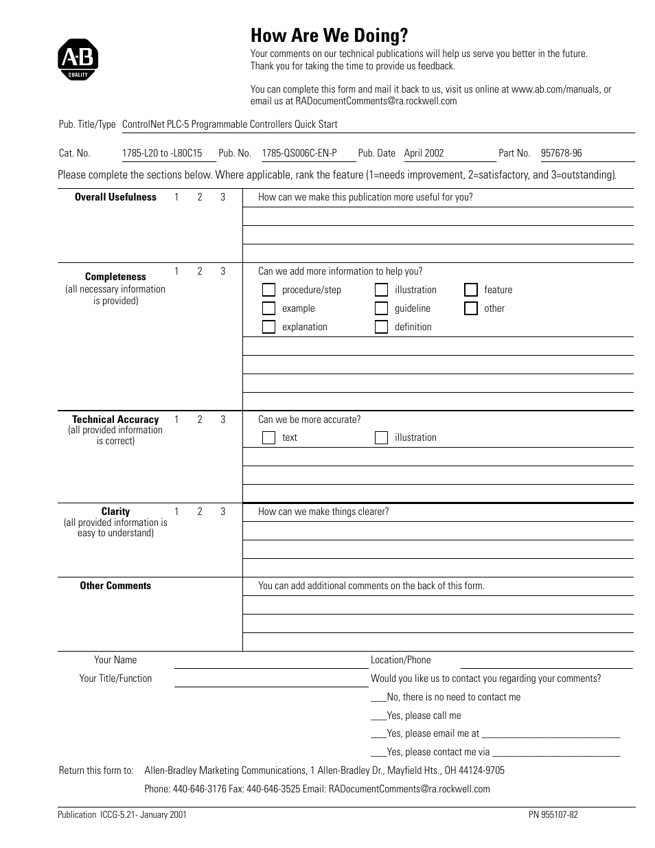 Feedback form, How are we doing | Rockwell Automation 1785-Lx0C15 ControlNet PLC-5 Programmable Controllers Quick Start User Manual | Page 33 / 36