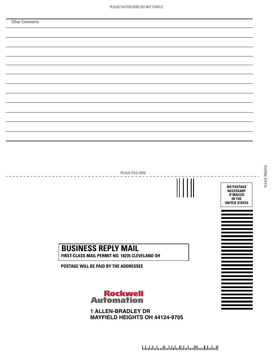 Business reply mail | Rockwell Automation 1785-Lx0C15 ControlNet PLC-5 Programmable Controllers Quick Start User Manual | Page 34 / 36