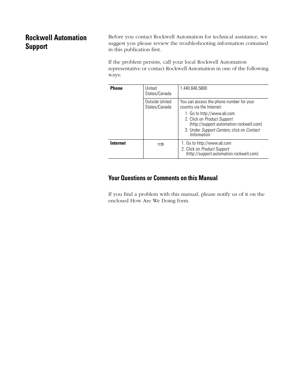 Rockwell automation support, Your questions or comments on this manual | Rockwell Automation 1785-Lx0C15 ControlNet PLC-5 Programmable Controllers Quick Start User Manual | Page 4 / 36