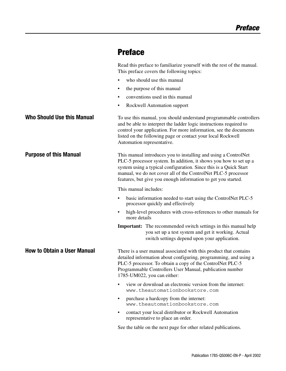 Preface, Who should use this manual, Purpose of this manual | How to obtain a user manual | Rockwell Automation 1785-Lx0C15 ControlNet PLC-5 Programmable Controllers Quick Start User Manual | Page 5 / 36