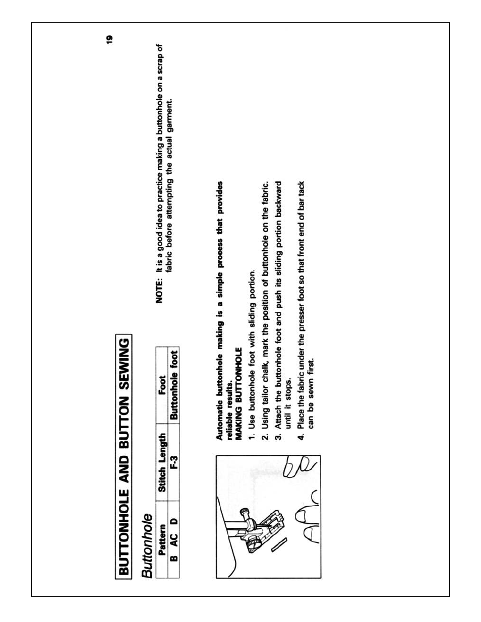 Buttonhole and button sewing buttonhole | Brother X L 2010 User Manual | Page 22 / 35