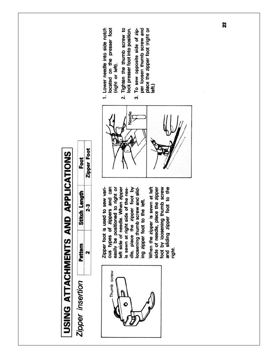 Stitch length 2-3, Foot, Zipper foot | Using attachments and appucations, Zipper insertion | Brother X L 2010 User Manual | Page 25 / 35