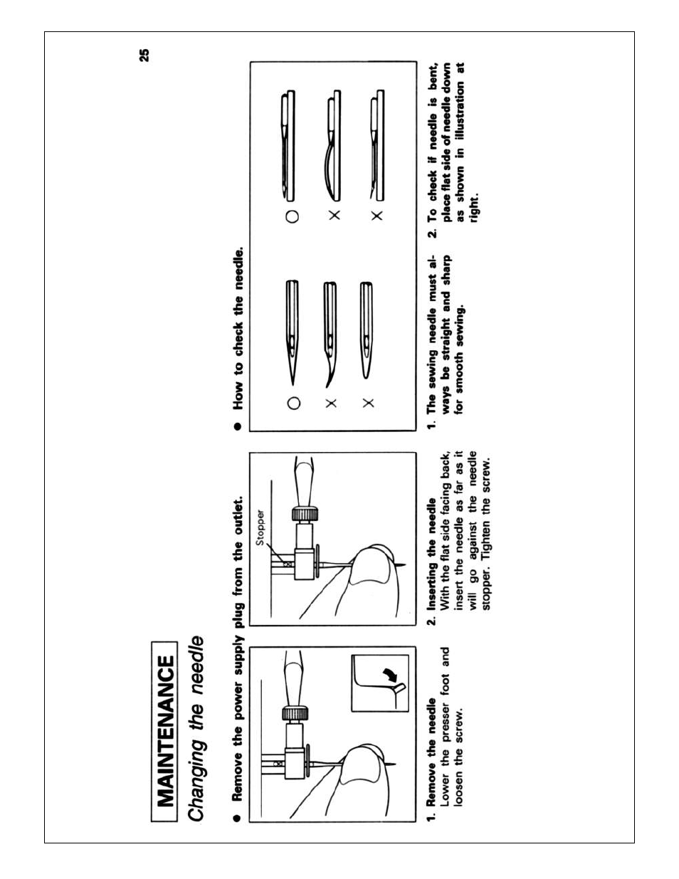 Remove the power supply plug from the outlet, Maintenance, Changing the needle | Brother X L 2010 User Manual | Page 28 / 35