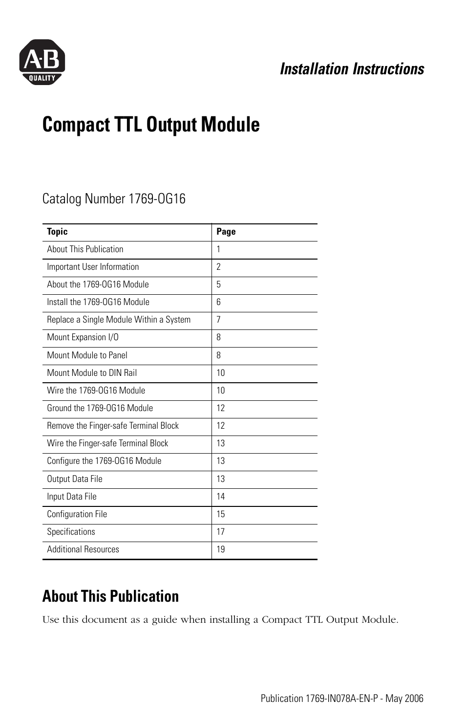 Rockwell Automation 1769-OG16 Compact TTL Output Module User Manual | 20 pages