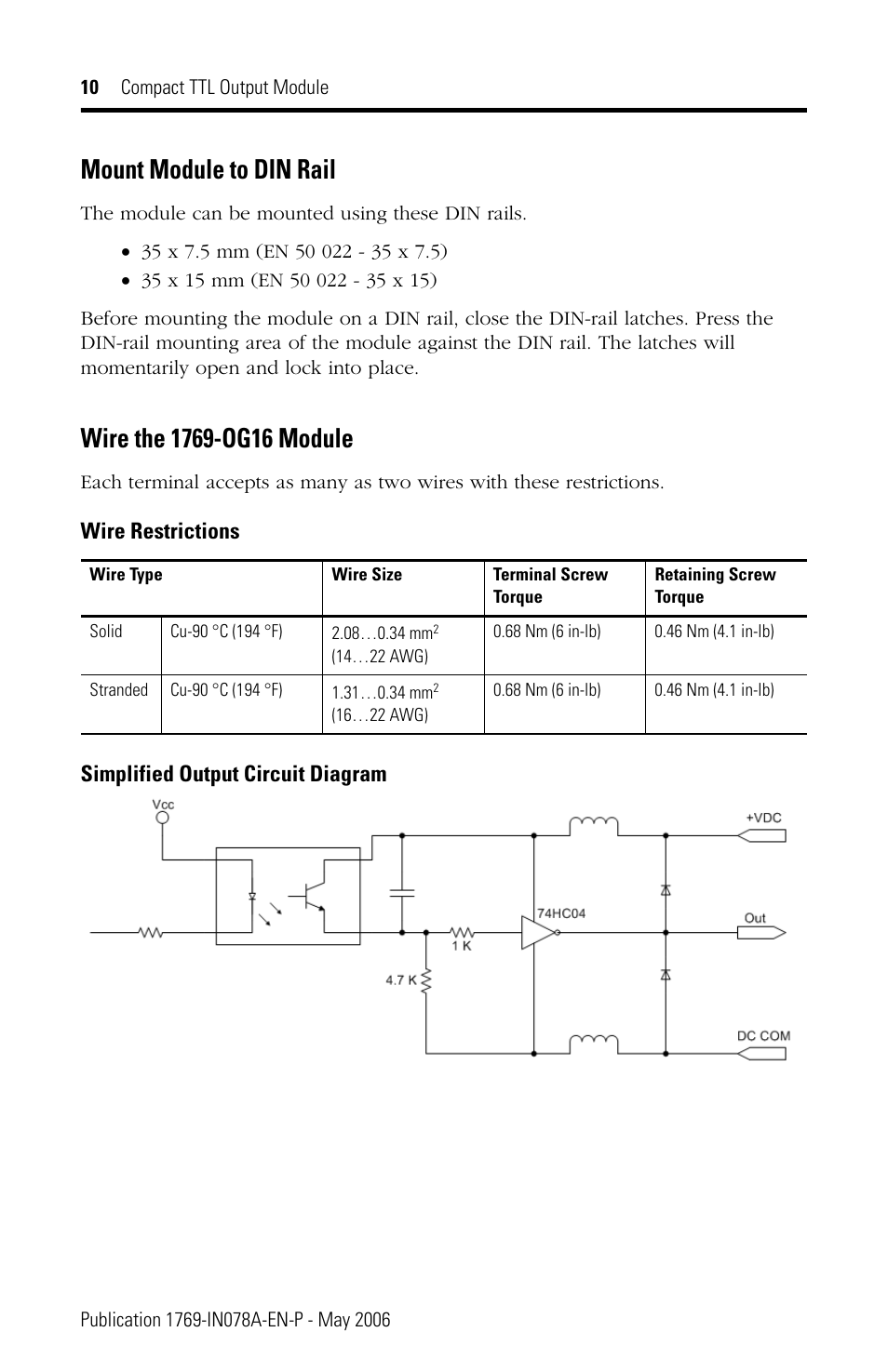 Mount module to din rail, Wire the 1769-og16 module | Rockwell Automation 1769-OG16 Compact TTL Output Module User Manual | Page 10 / 20