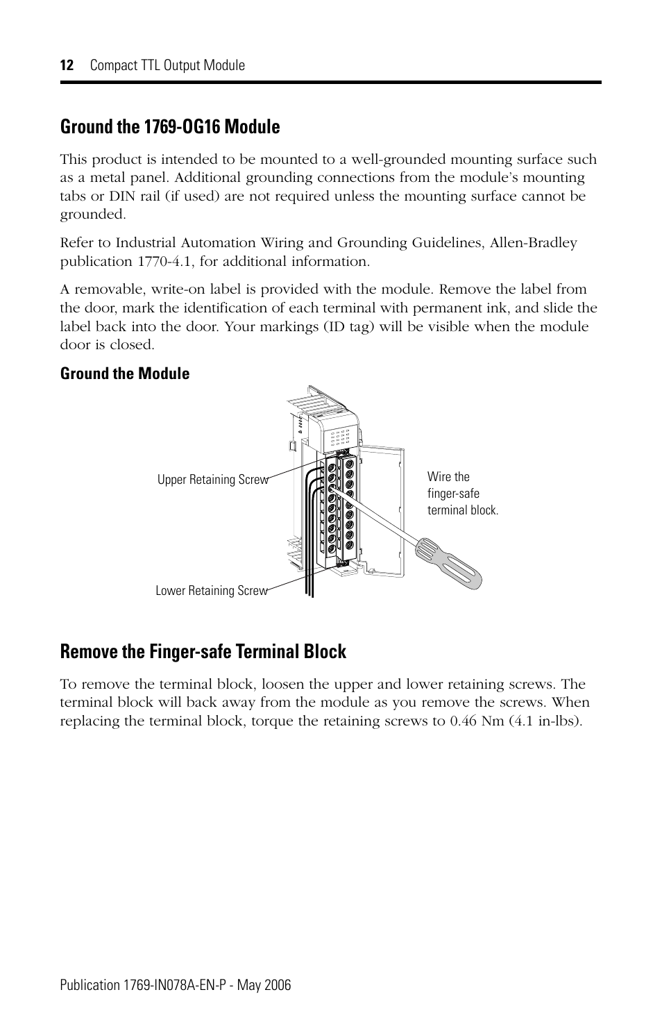 Ground the 1769-og16 module, Remove the finger-safe terminal block | Rockwell Automation 1769-OG16 Compact TTL Output Module User Manual | Page 12 / 20