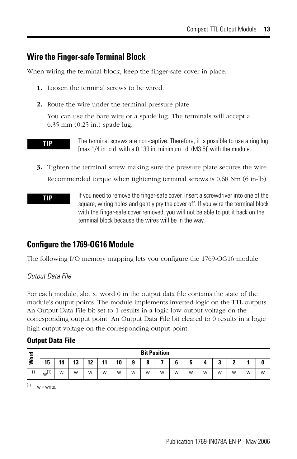 Wire the finger-safe terminal block, Configure the 1769-og16 module, Output data file | Rockwell Automation 1769-OG16 Compact TTL Output Module User Manual | Page 13 / 20