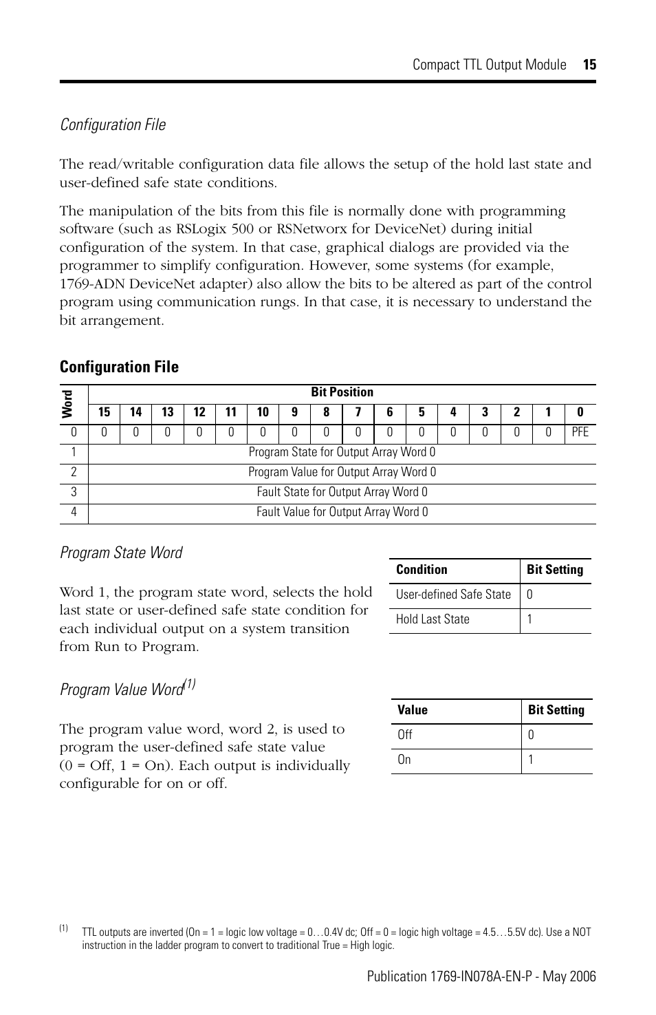Configuration file, Program state word, Program value word | Rockwell Automation 1769-OG16 Compact TTL Output Module User Manual | Page 15 / 20