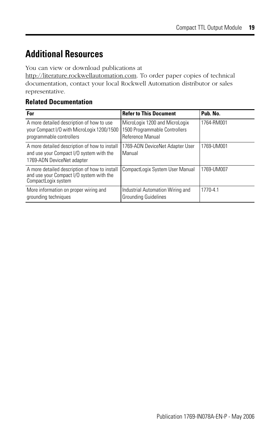Additional resources | Rockwell Automation 1769-OG16 Compact TTL Output Module User Manual | Page 19 / 20