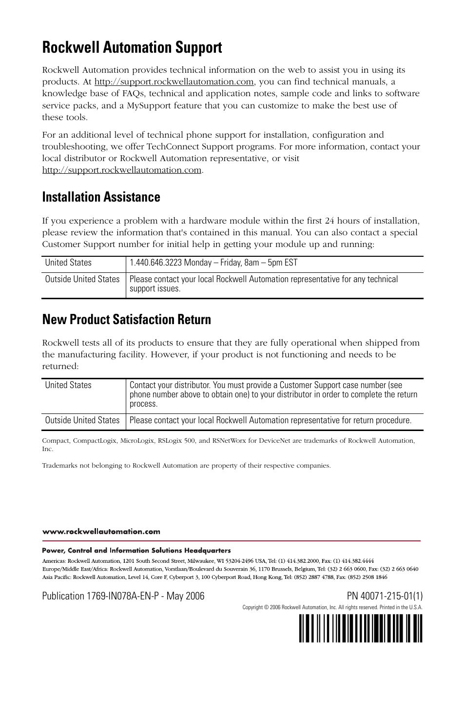 Back cover, H',/!¶1t, Rockwell automation support | Installation assistance, New product satisfaction return | Rockwell Automation 1769-OG16 Compact TTL Output Module User Manual | Page 20 / 20