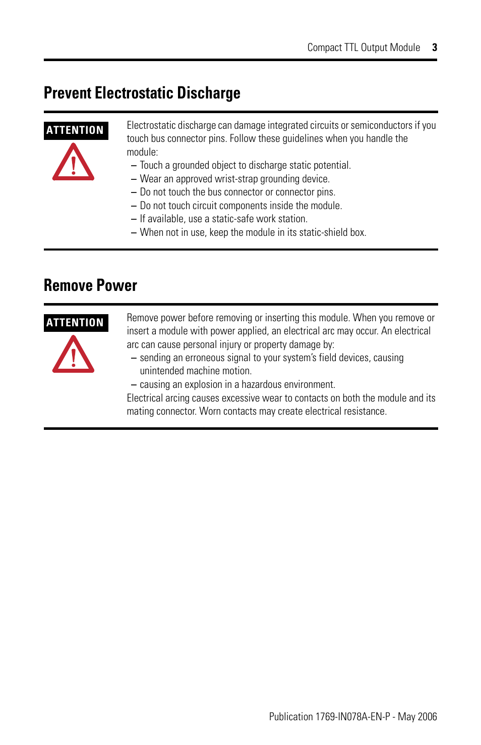 Prevent electrostatic discharge, Remove power, Prevent electrostatic discharge remove power | Rockwell Automation 1769-OG16 Compact TTL Output Module User Manual | Page 3 / 20
