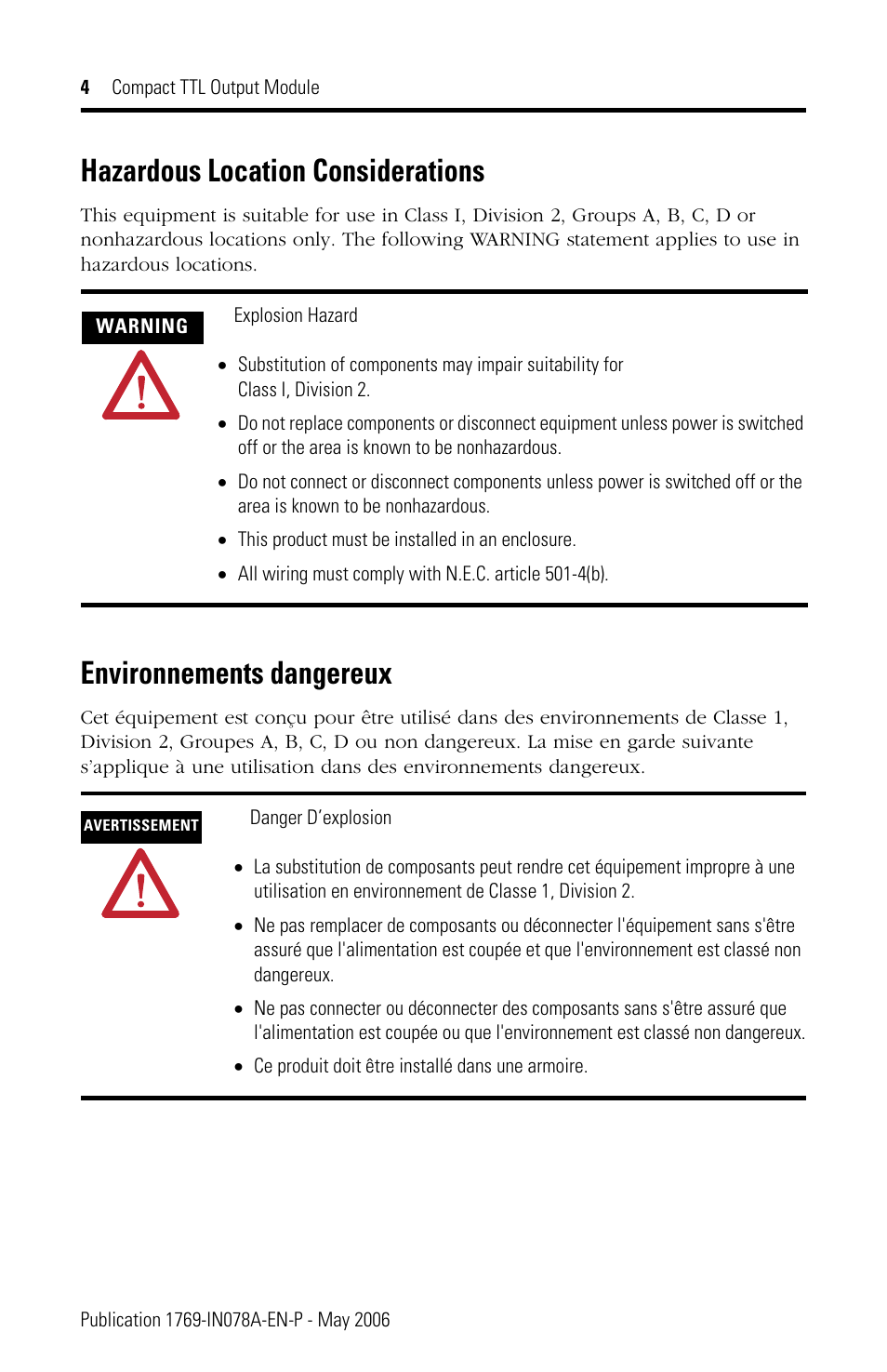 Hazardous location considerations, Environnements dangereux | Rockwell Automation 1769-OG16 Compact TTL Output Module User Manual | Page 4 / 20