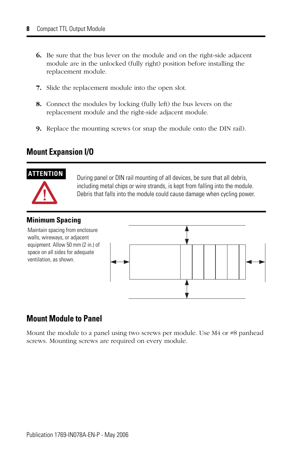 Mount expansion i/o, Mount module to panel, Minimum spacing | Rockwell Automation 1769-OG16 Compact TTL Output Module User Manual | Page 8 / 20