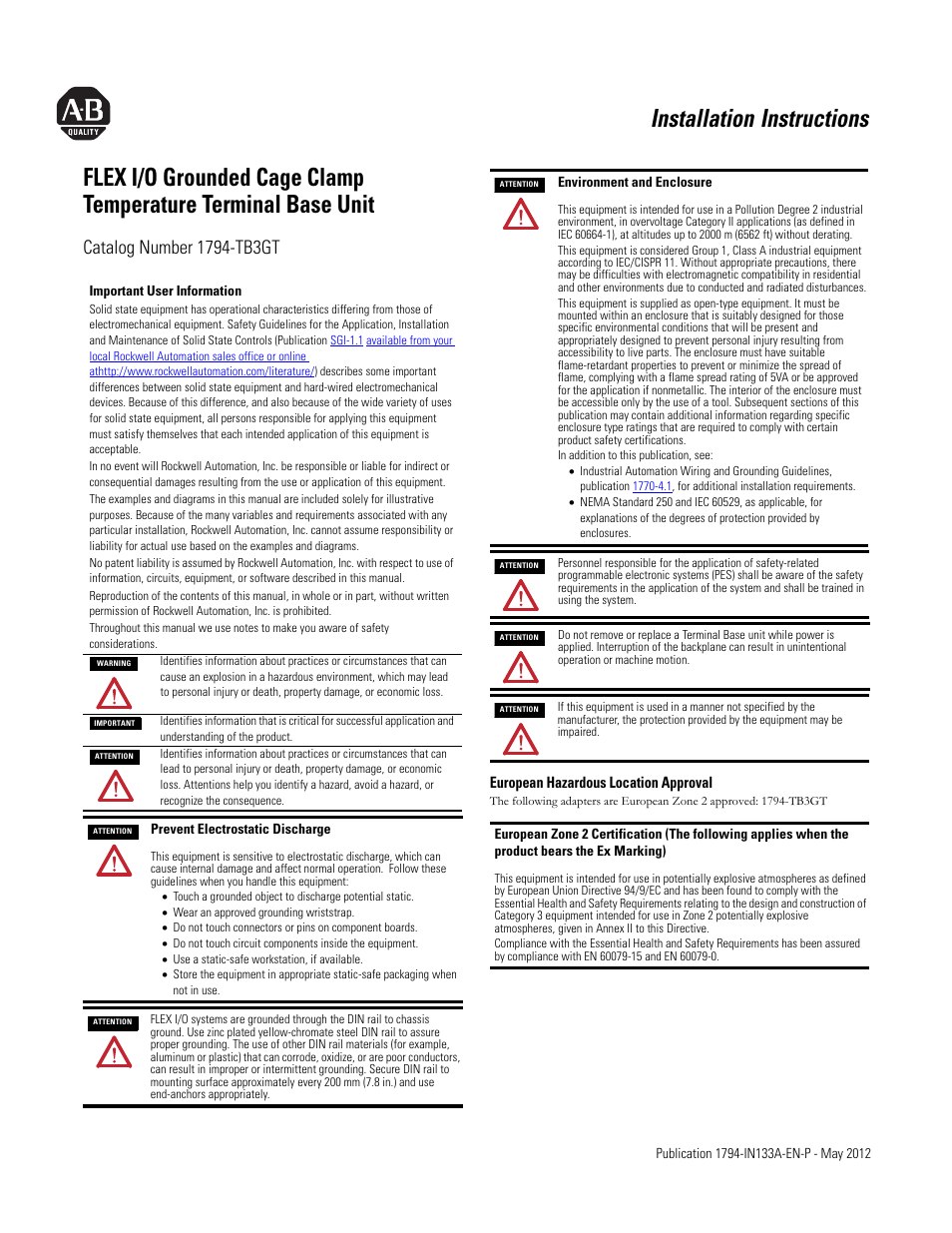 Rockwell Automation 1794-TB3GT Flex I/O Terminal Base Units Installation Instructions User Manual | 6 pages