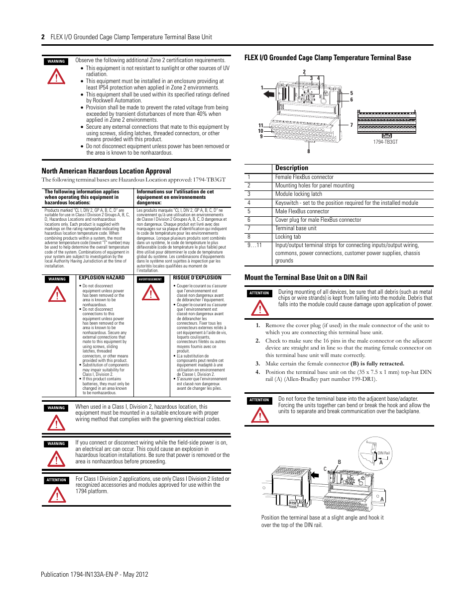 North american hazardous location approval, Mount the terminal base unit on a din rail | Rockwell Automation 1794-TB3GT Flex I/O Terminal Base Units Installation Instructions User Manual | Page 2 / 6