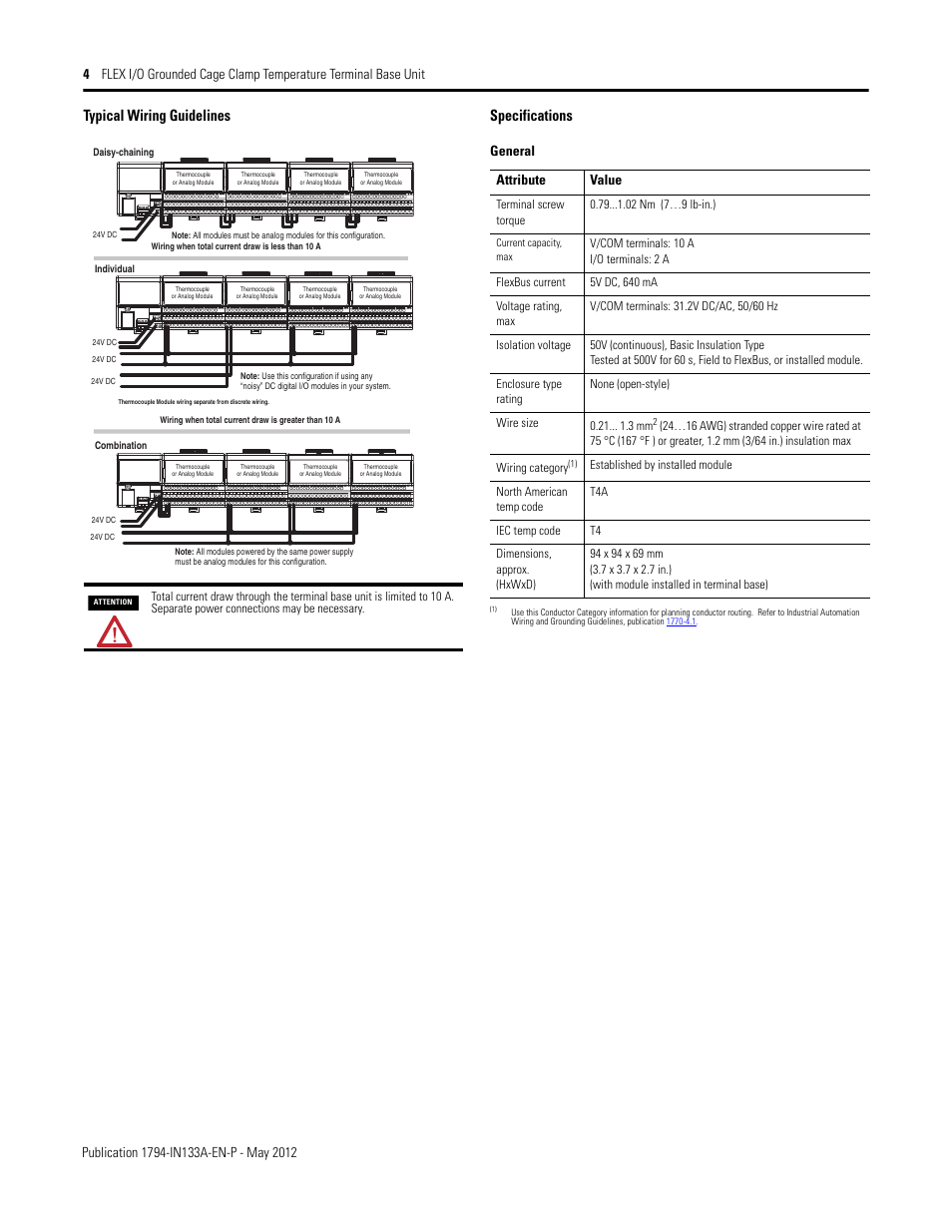 Typical wiring guidelines, Specifications, Typical wiring guidelines specifications | General attribute value | Rockwell Automation 1794-TB3GT Flex I/O Terminal Base Units Installation Instructions User Manual | Page 4 / 6