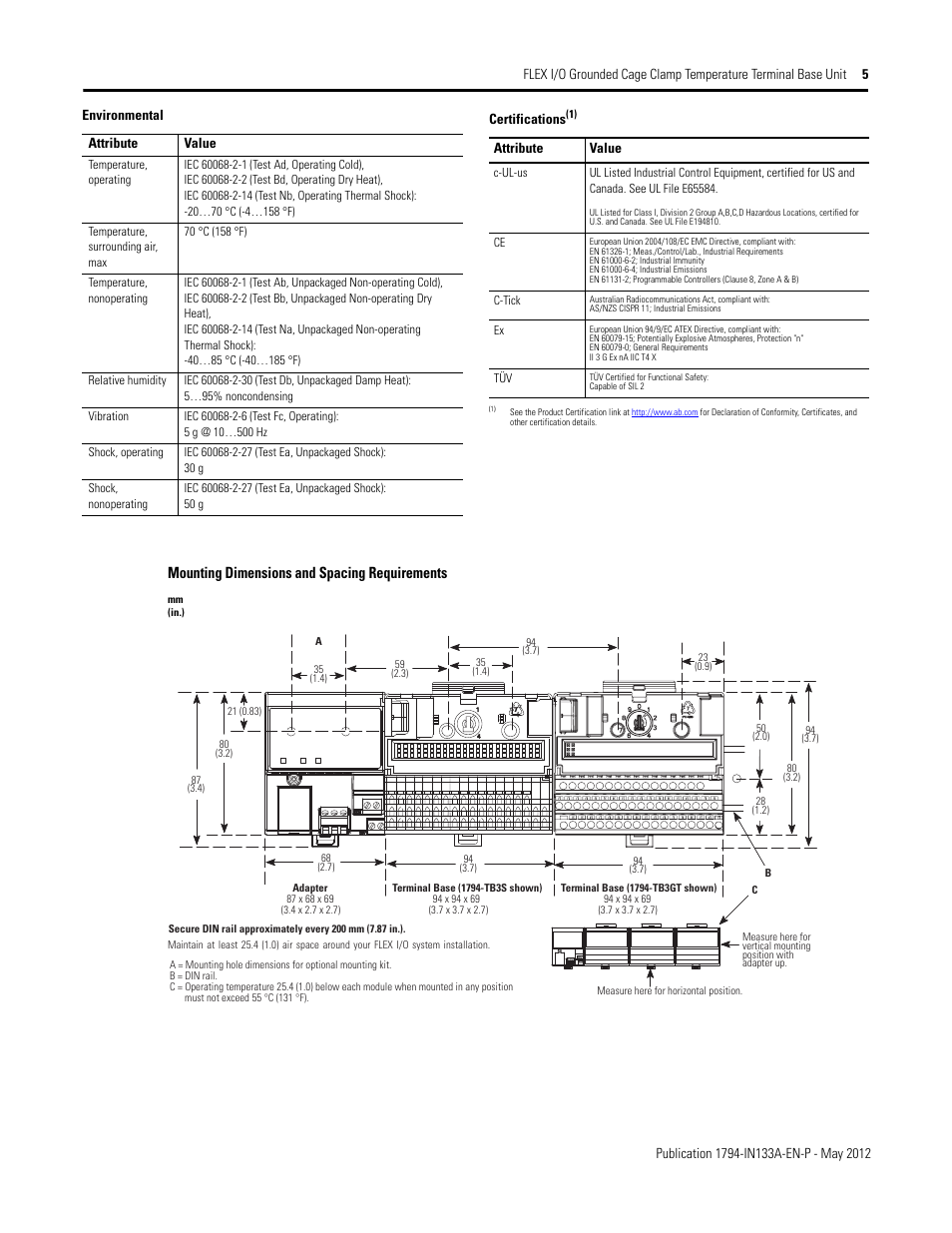 Mounting dimensions and spacing requirements | Rockwell Automation 1794-TB3GT Flex I/O Terminal Base Units Installation Instructions User Manual | Page 5 / 6