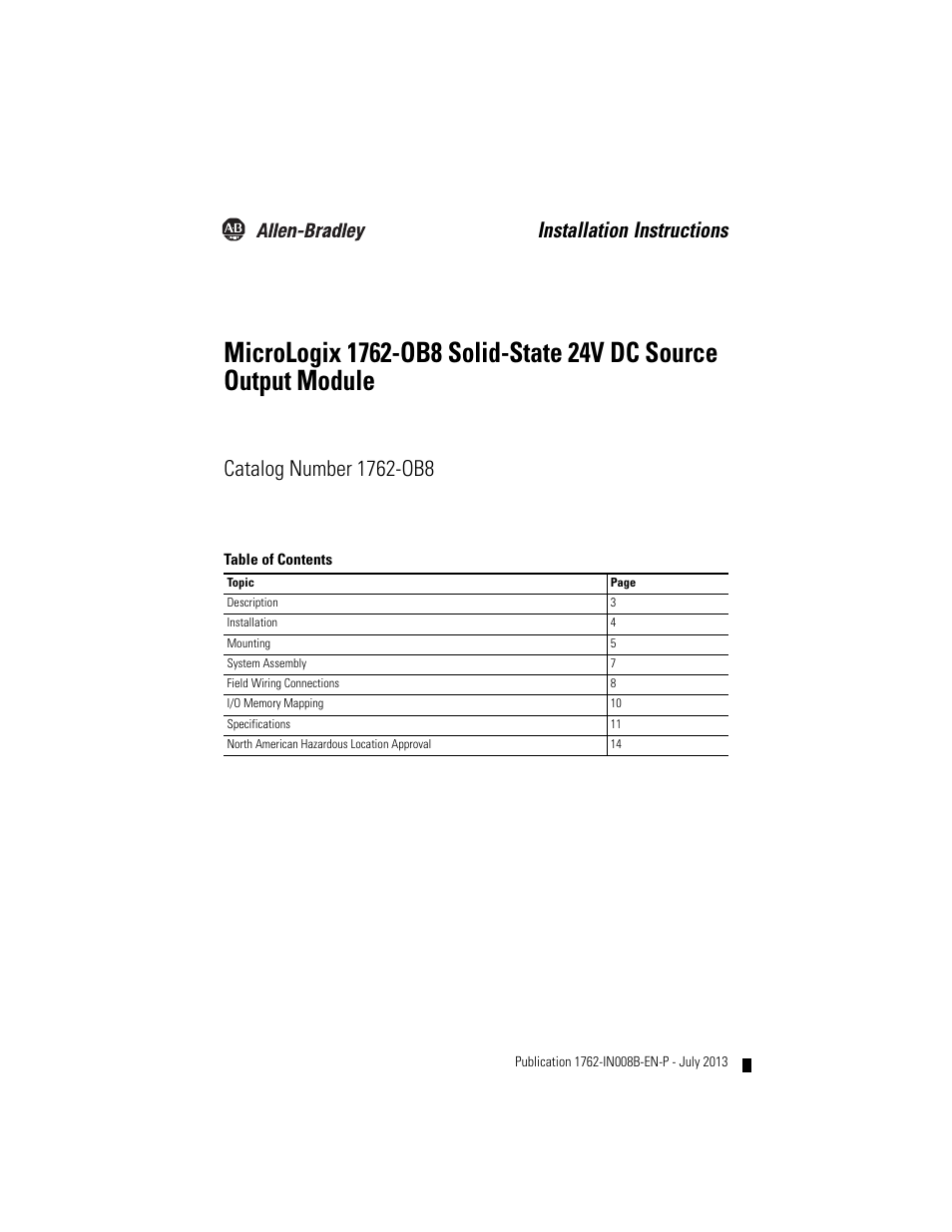 Rockwell Automation 1762-OB8 Solid State 24V dc Source Output Module User Manual | 16 pages