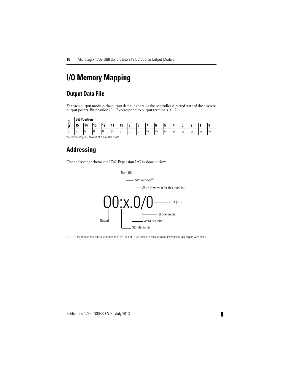 I/o memory mapping, Output data file, Addressing | O0:x.0/0 | Rockwell Automation 1762-OB8 Solid State 24V dc Source Output Module User Manual | Page 10 / 16