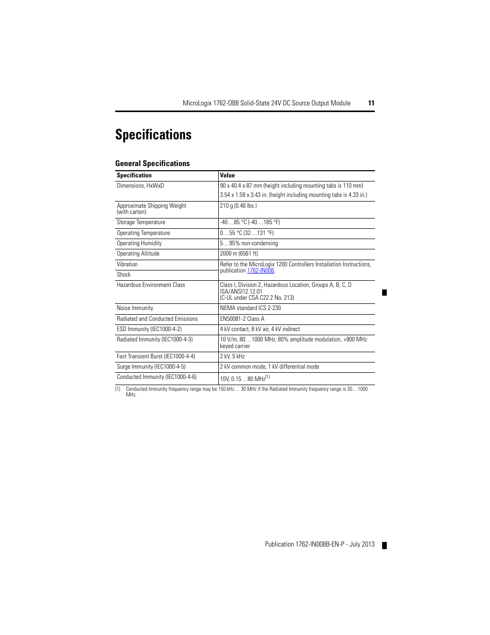 Specifications | Rockwell Automation 1762-OB8 Solid State 24V dc Source Output Module User Manual | Page 11 / 16