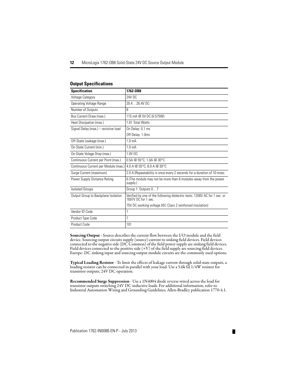 Rockwell Automation 1762-OB8 Solid State 24V dc Source Output Module User Manual | Page 12 / 16