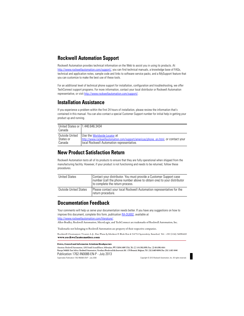 Back cover, Rockwell automation support, Installation assistance | New product satisfaction return, Documentation feedback | Rockwell Automation 1762-OB8 Solid State 24V dc Source Output Module User Manual | Page 16 / 16