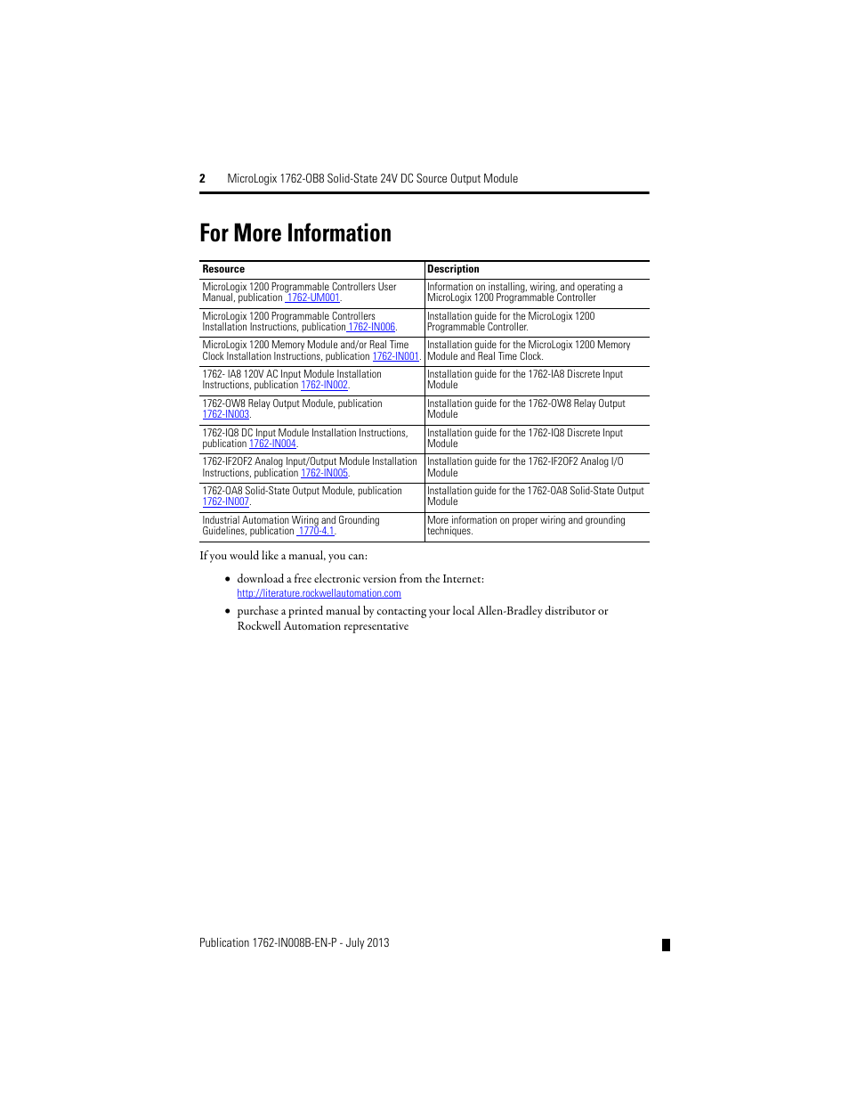 For more information | Rockwell Automation 1762-OB8 Solid State 24V dc Source Output Module User Manual | Page 2 / 16