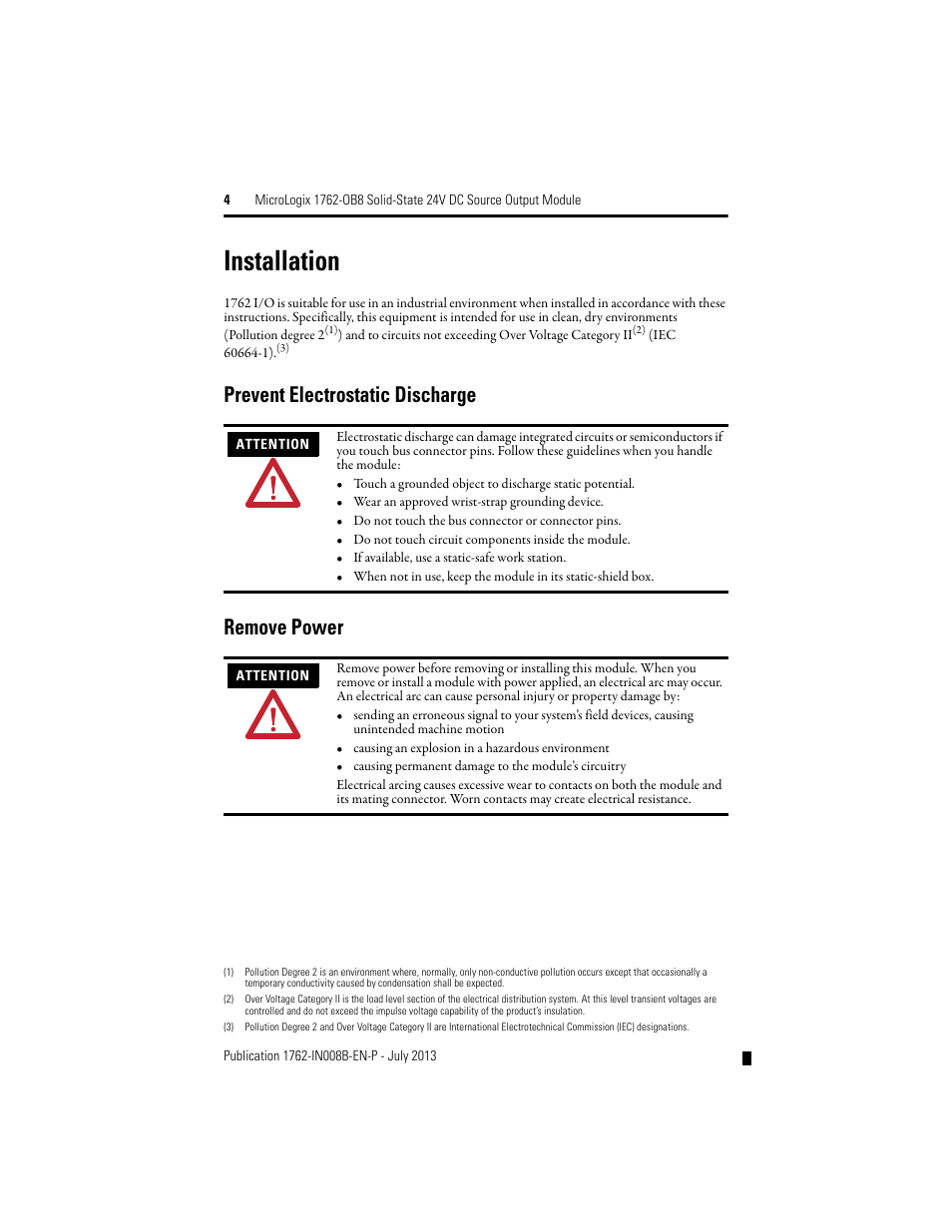 Installation, Prevent electrostatic discharge, Remove power | Prevent electrostatic discharge remove power | Rockwell Automation 1762-OB8 Solid State 24V dc Source Output Module User Manual | Page 4 / 16
