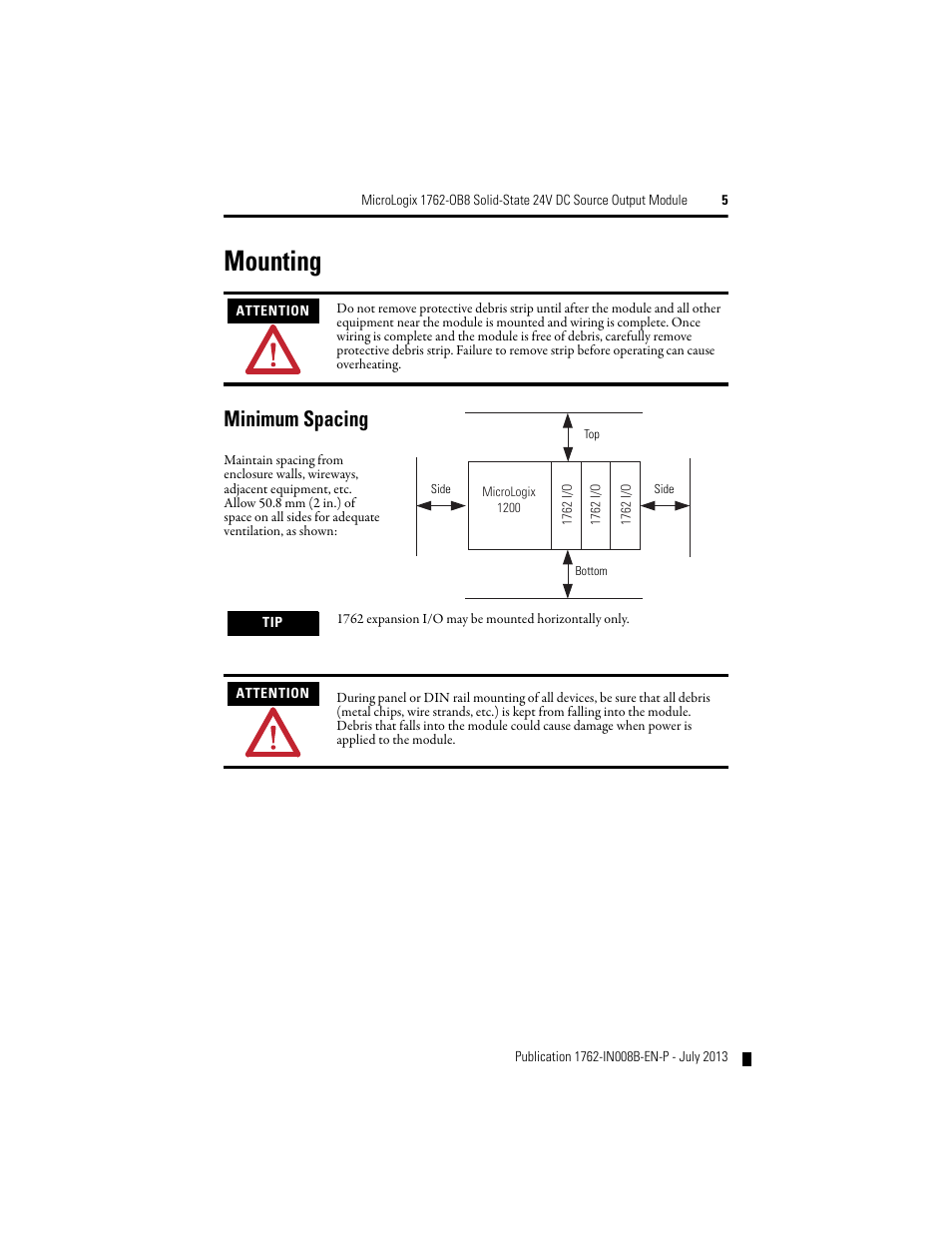 Mounting, Minimum spacing | Rockwell Automation 1762-OB8 Solid State 24V dc Source Output Module User Manual | Page 5 / 16