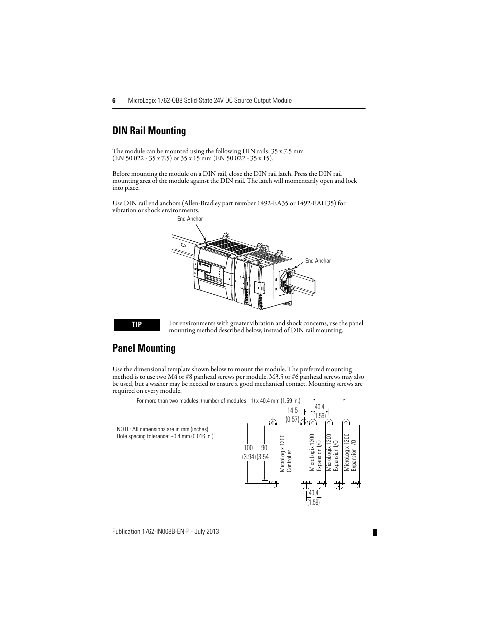 Din rail mounting, Panel mounting | Rockwell Automation 1762-OB8 Solid State 24V dc Source Output Module User Manual | Page 6 / 16