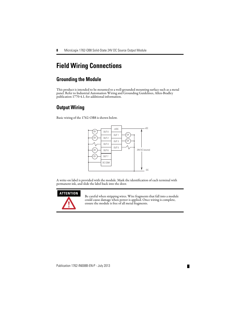 Field wiring connections, Grounding the module, Output wiring | Rockwell Automation 1762-OB8 Solid State 24V dc Source Output Module User Manual | Page 8 / 16