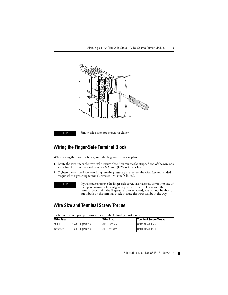 Wiring the finger-safe terminal block, Wire size and terminal screw torque | Rockwell Automation 1762-OB8 Solid State 24V dc Source Output Module User Manual | Page 9 / 16