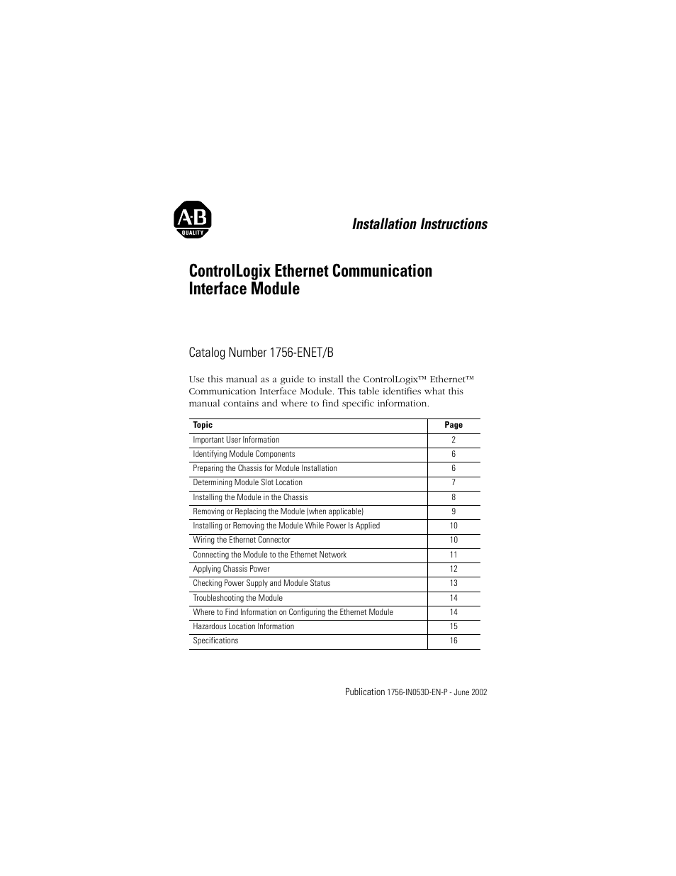 Rockwell Automation 1756-ENET/B ControlLogix EtherNet Comm. Interface Module, Series B Installation Instructions User Manual | 20 pages