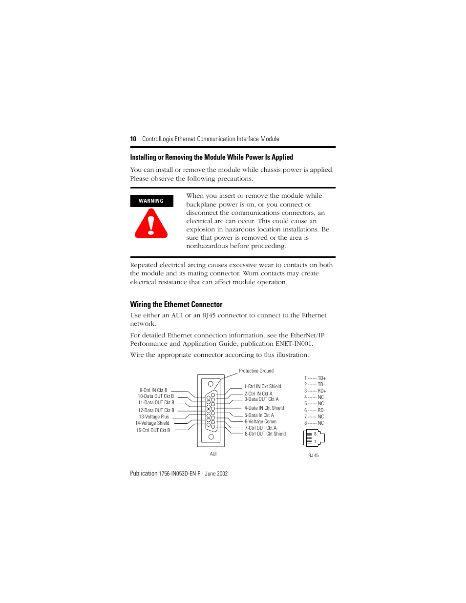 Wiring the ethernet connector | Rockwell Automation 1756-ENET/B ControlLogix EtherNet Comm. Interface Module, Series B Installation Instructions User Manual | Page 10 / 20